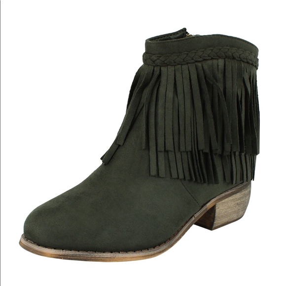 Olive Green Western Boho Braid Fringe Ankle Boots - Picture 12 of 13